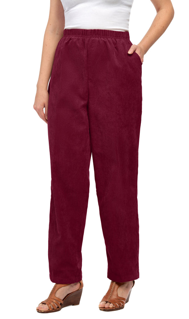 Women's Pull On Corduroy Pants – Keep It Cozy in Fine Wale Corduroy - BURGUNDY - Front - TURTLE BAY APPAREL