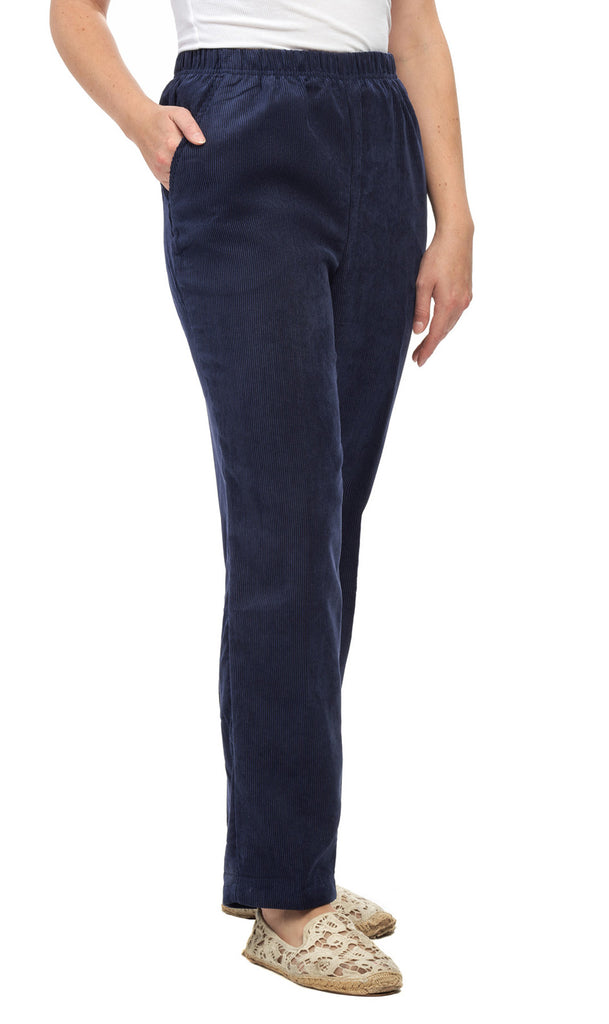 Women's Pull On Corduroy Pants – Keep It Cozy in Fine Wale Corduroy - Navy- Front - TURTLE BAY APPAREL