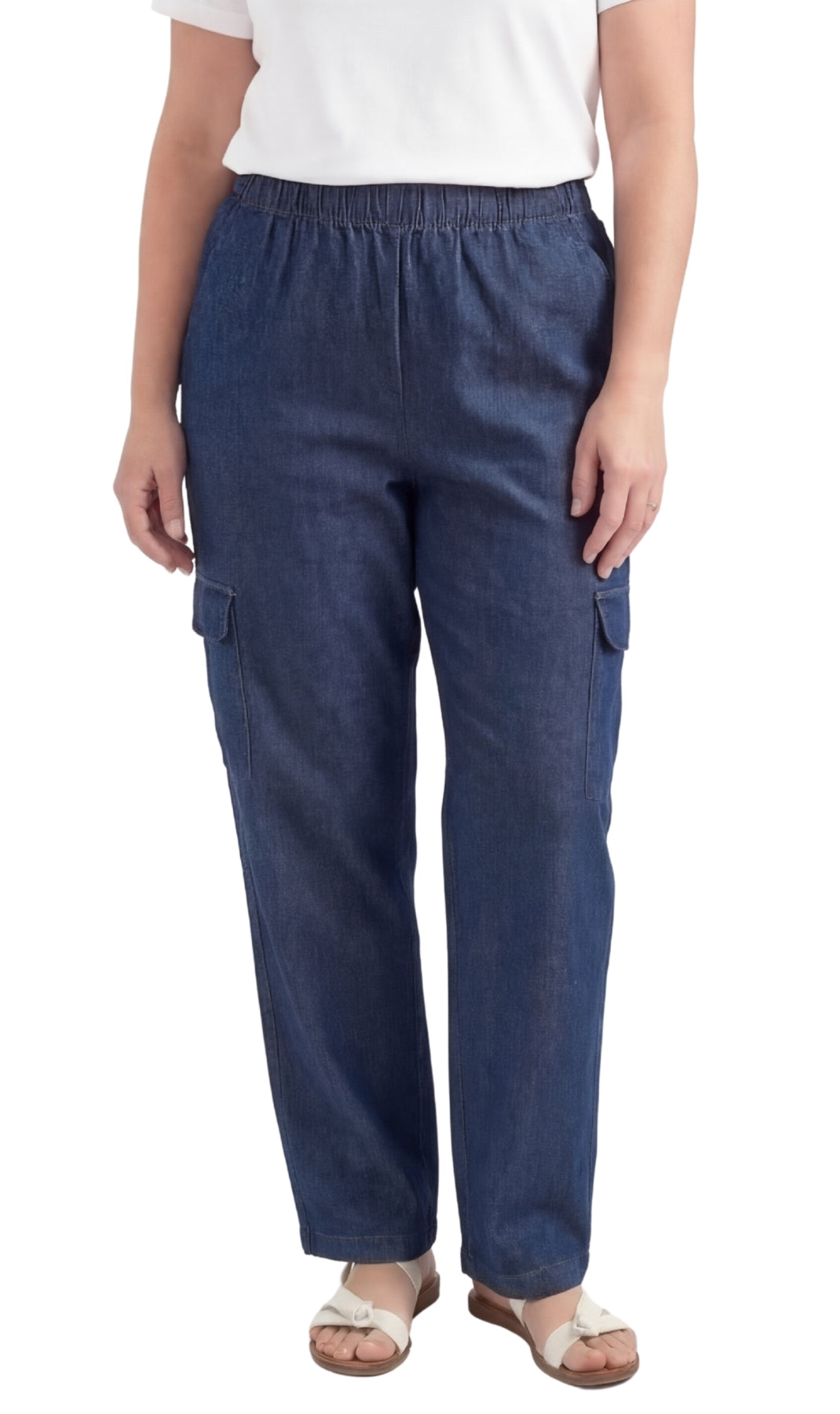 Turtle Bay New York Women's Lightweight Elastic Stretch Waist Casual Denim Pull-on Cargo Pants indigo front