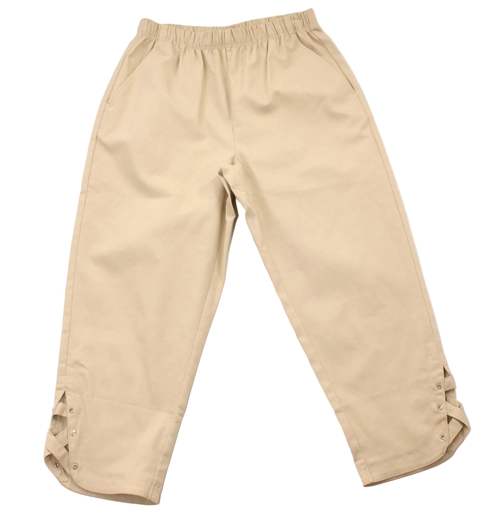 Beige cropped pants with an elastic waistband and lace-up ankle cuffs, laid flat on a white background.