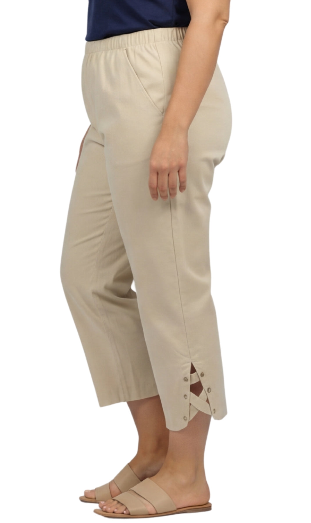 Women's Capris with Studded Hem Detail in Tri-Blend Denim and Twill with Angled side Pockets 10