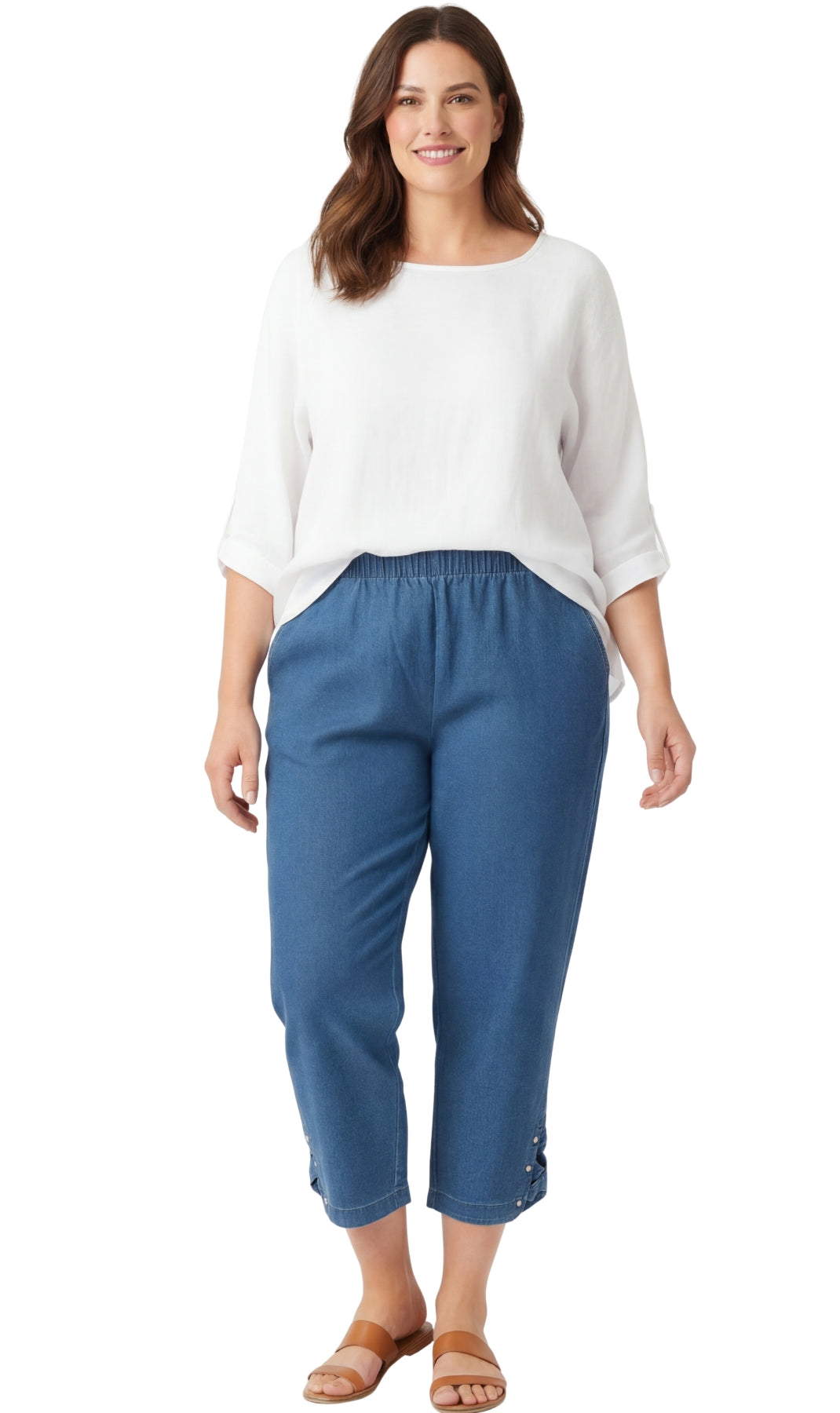 Women's Capris with Studded Hem Detail in Tri-Blend Denim and Twill with Angled side Pockets 3