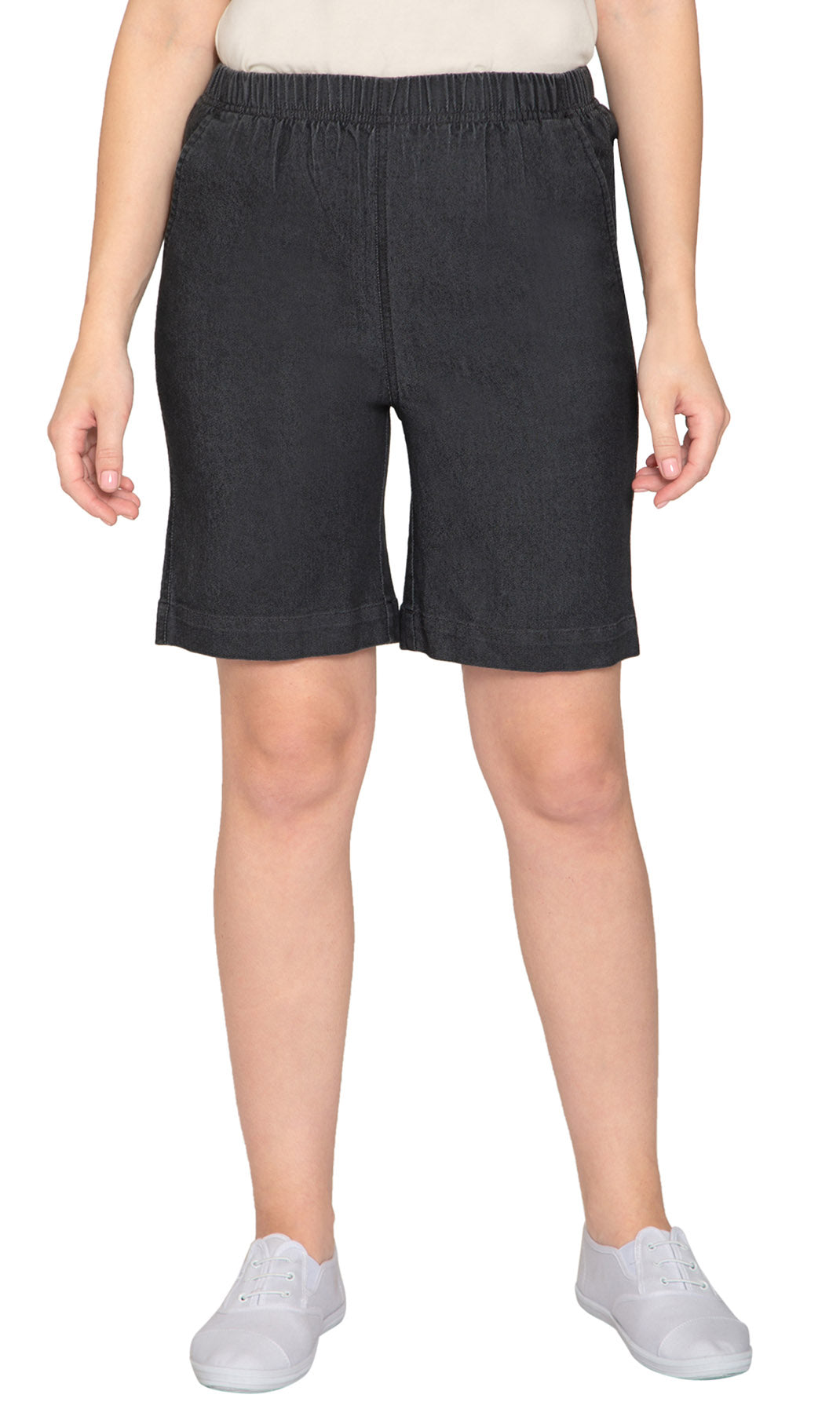 Women's Pull On Denim Shorts ÔÇô Stretch Waist Frees You from Binding Zippers and Buttons - Black - FRont - TURTLE BAY APPAREL