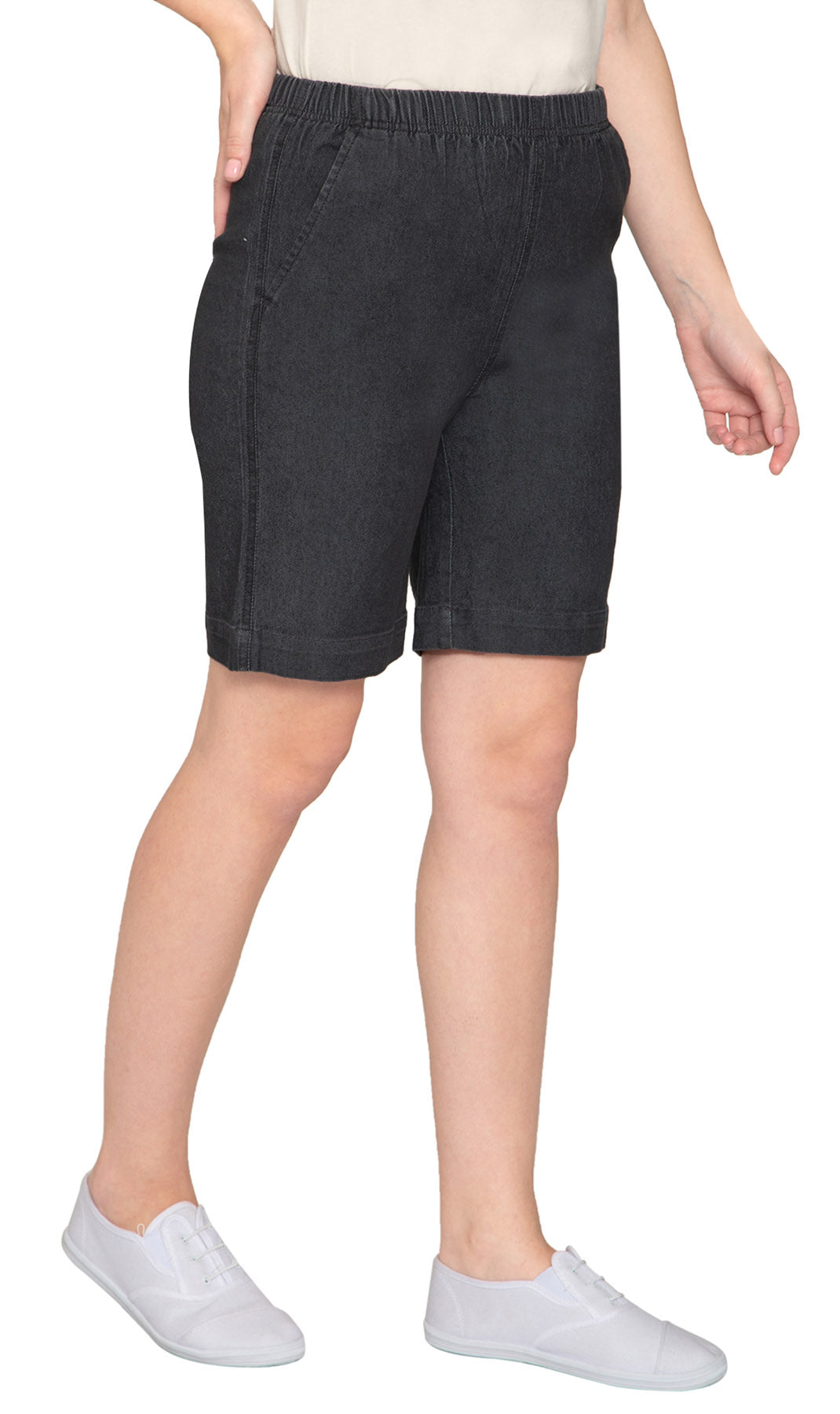 Women's Pull On Denim Shorts ÔÇô Stretch Waist Frees You from Binding Zippers and Buttons - Black - Side - TURTLE BAY APPAREL