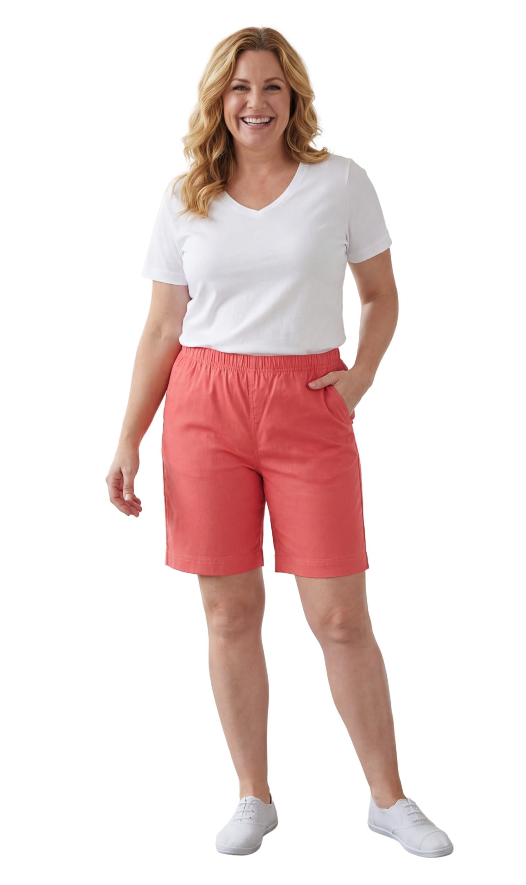 Turtle Bay New York Women's Pull On Denim & Twill Shorts with stretch waist - No zipper or buttons coral full
