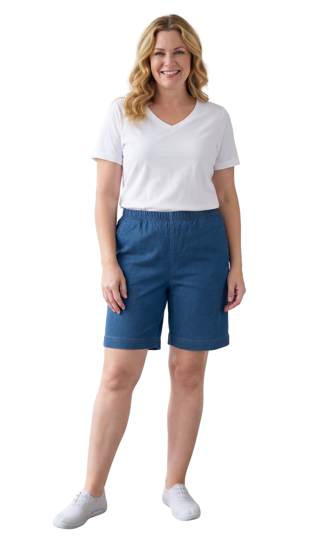 Turtle Bay New York Women's Pull On Denim & Twill Shorts with stretch waist - No zipper or buttons med blue full