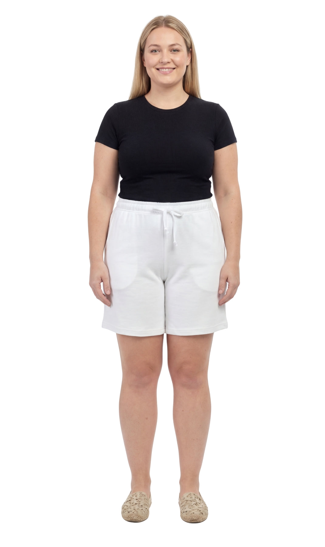 Turtle Bay New York Women's Interlock Knit cotton Shorts with Elastic Waist and Adjustable Drawstring white full