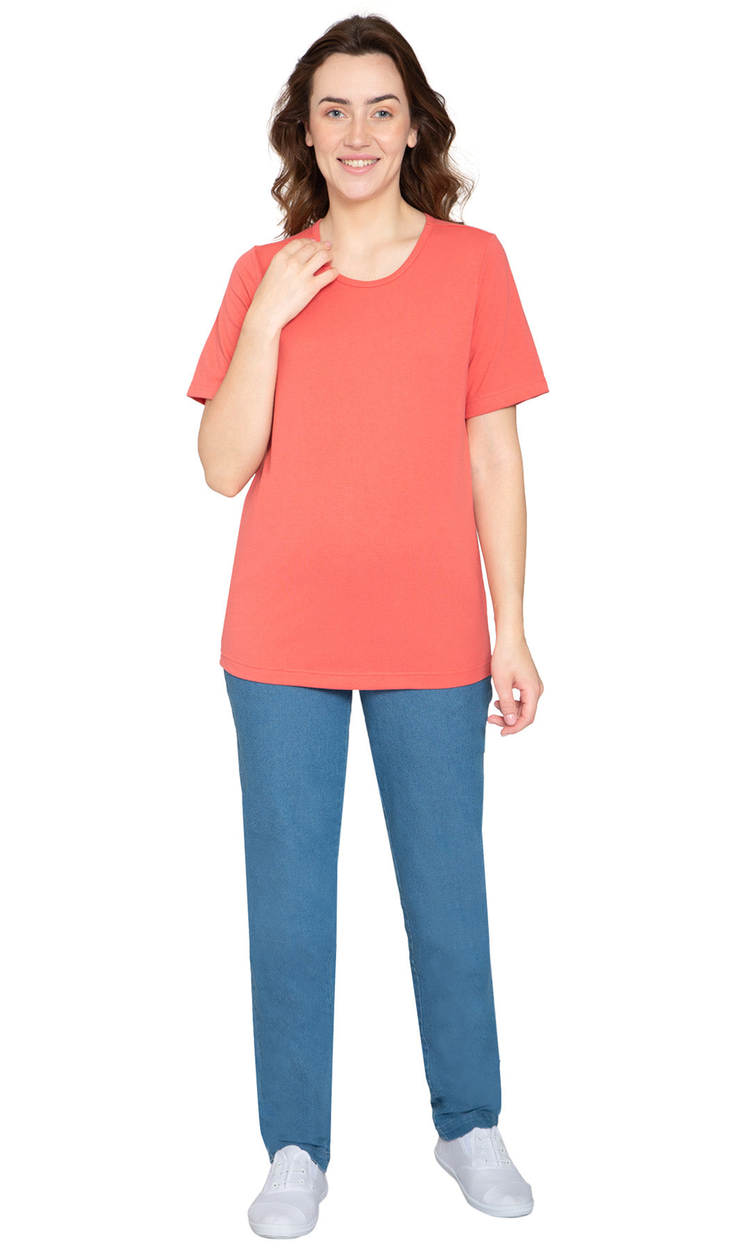 Women's Short Sleeve Crew Neck Knit Tee Coral - Full -  TURTLE BAY APPAREL