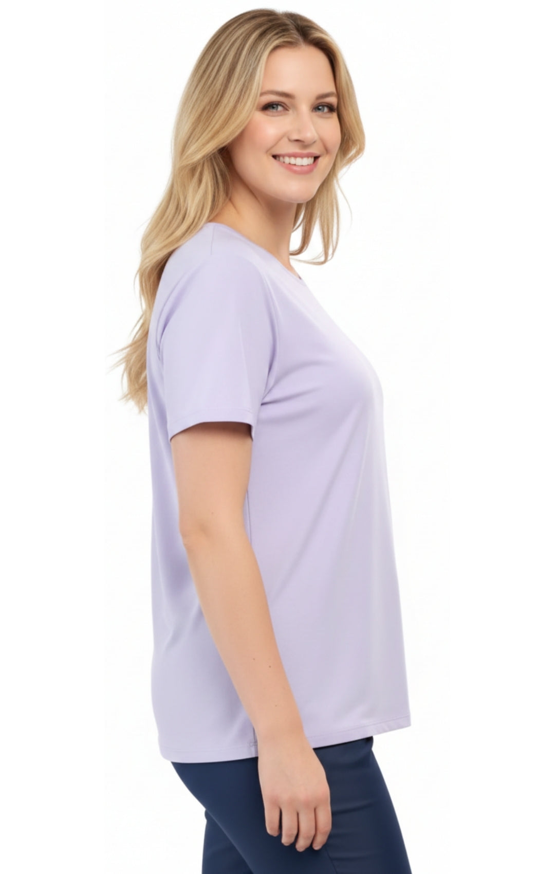 Woman wearing a light purple t-shirt on a white background