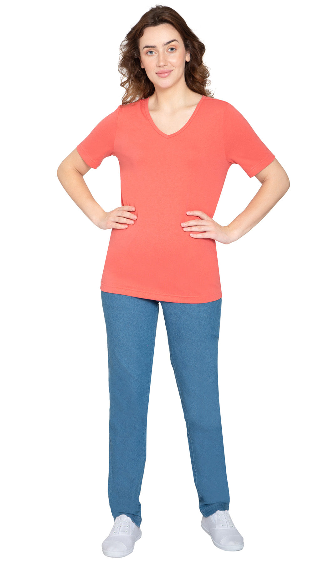 Women's V Neck Knit TeeÔÇô Hits at the Hip for Longer Coverage and a Sleeker Fit - Coral - full -  TURTLE BAY APPAREL