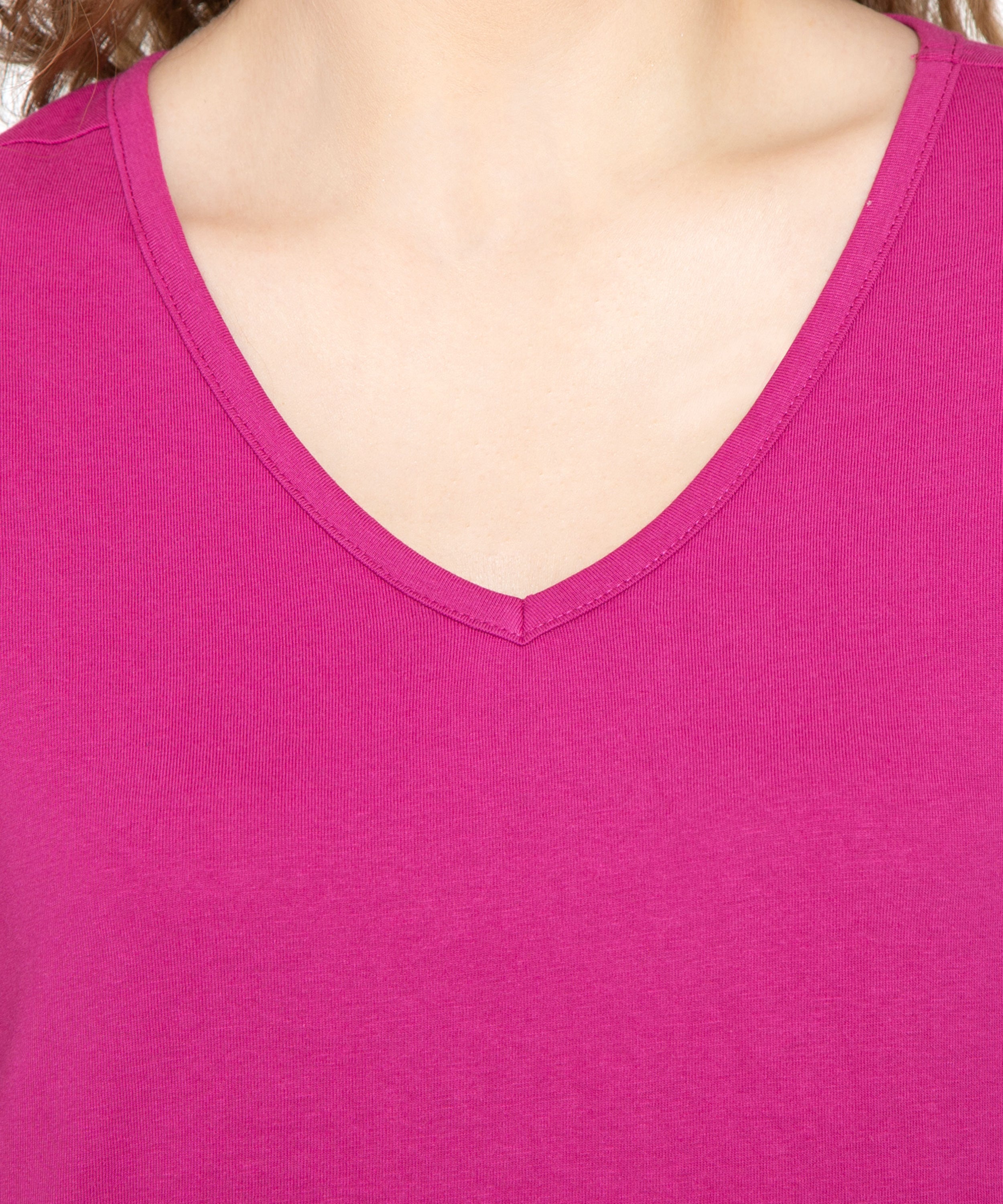 Women's V Neck Knit TeeÔÇô Hits at the Hip for Longer Coverage and a Sleeker Fit - Deep Orchid - Close up -  TURTLE BAY APPAREL