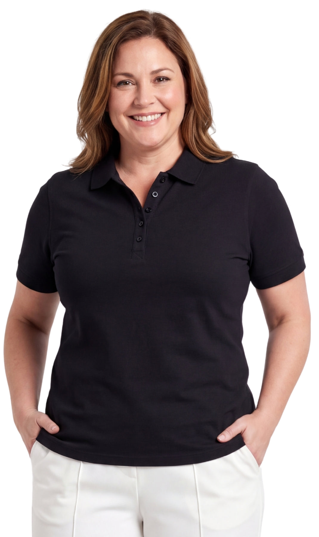 Women's Jersey Knit Polo - black- Front -  TURTLE BAY APPAREL