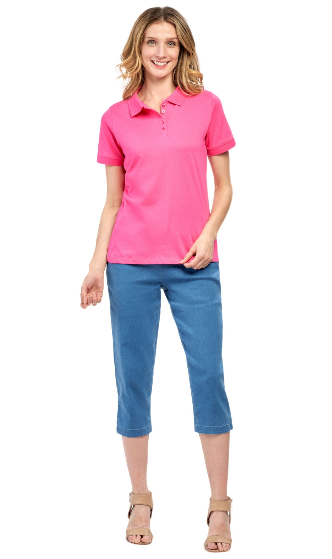 Turtle Bay Apparel Women's Short Sleeve Pique Knit Polo Shirt in Relaxed Fit – Pink Full Length View