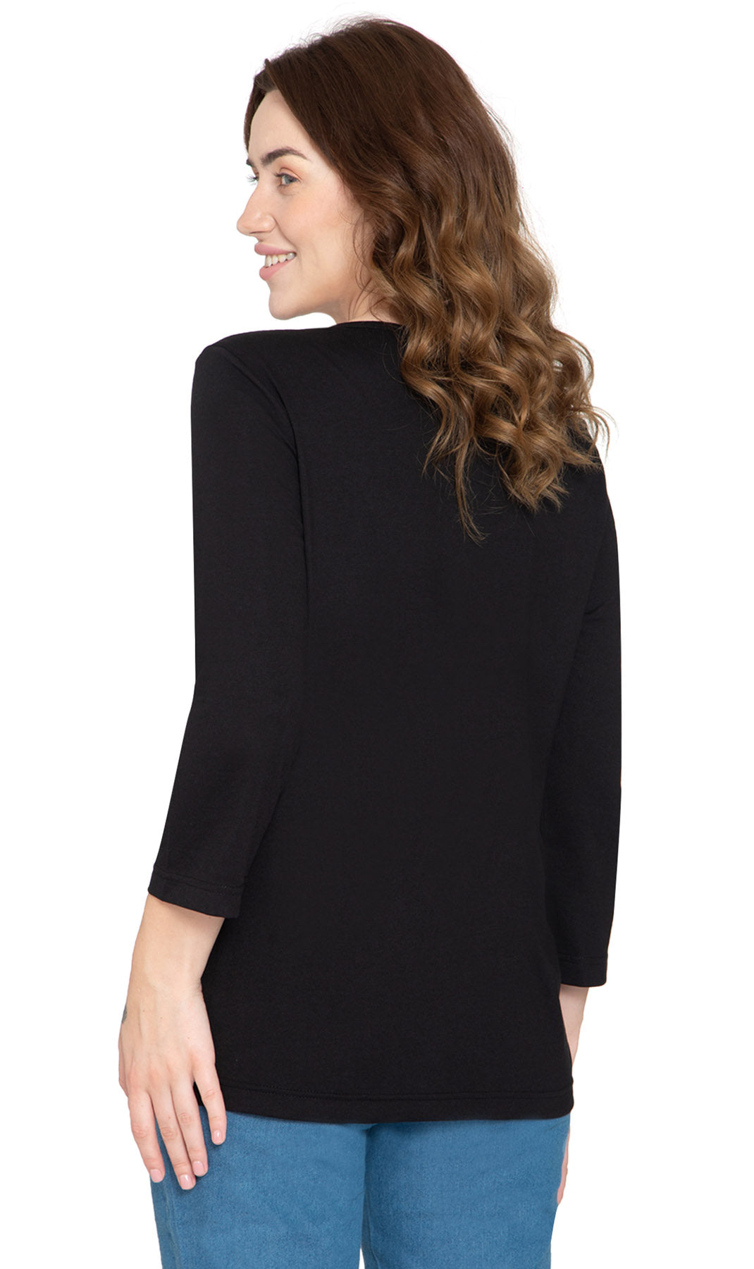 Women's Three Quarter Sleeve Henley ÔÇô Comfort in Every Color! - Black - Back -  TURTLE BAY APPAREL
