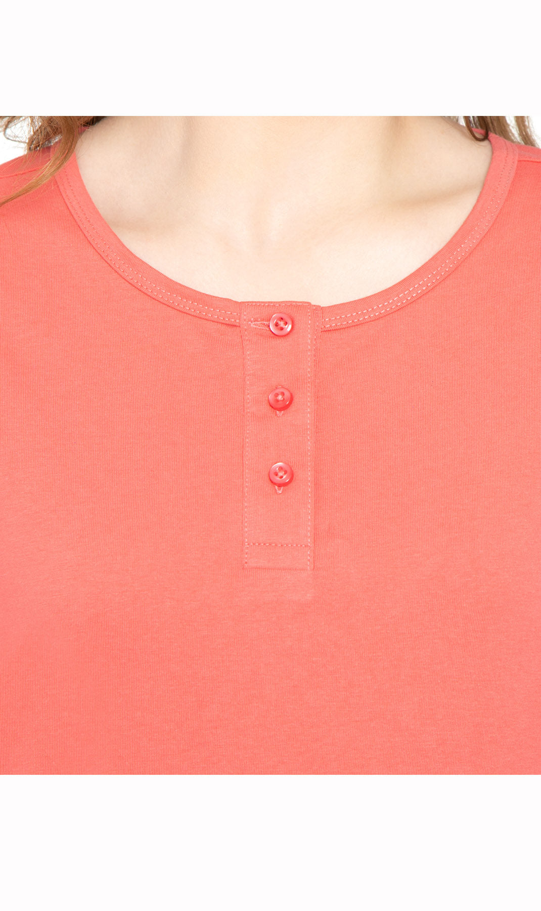 Women's Three Quarter Sleeve Henley ÔÇô Comfort in Every Color! - Coral - Close up - TURTLE BAY APPAREL
