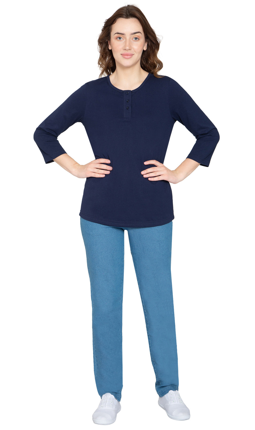 Women's Three Quarter Sleeve Henley ÔÇô Comfort in Every Color! - Navy - Full - TURTLE BAY APPAREL