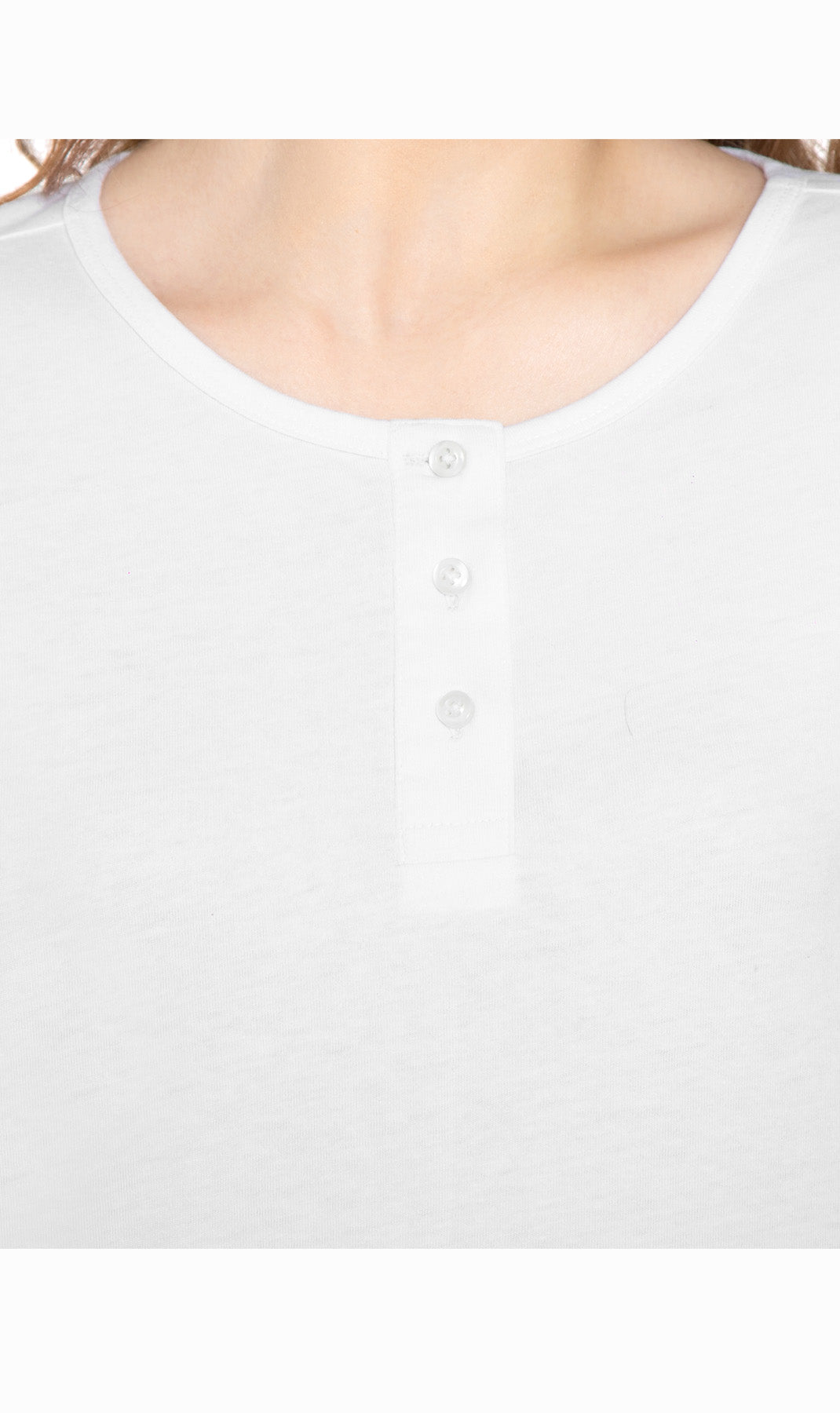 Women's Three Quarter Sleeve Henley ÔÇô Comfort in Every Color! - White - Close up - TURTLE BAY APPAREL