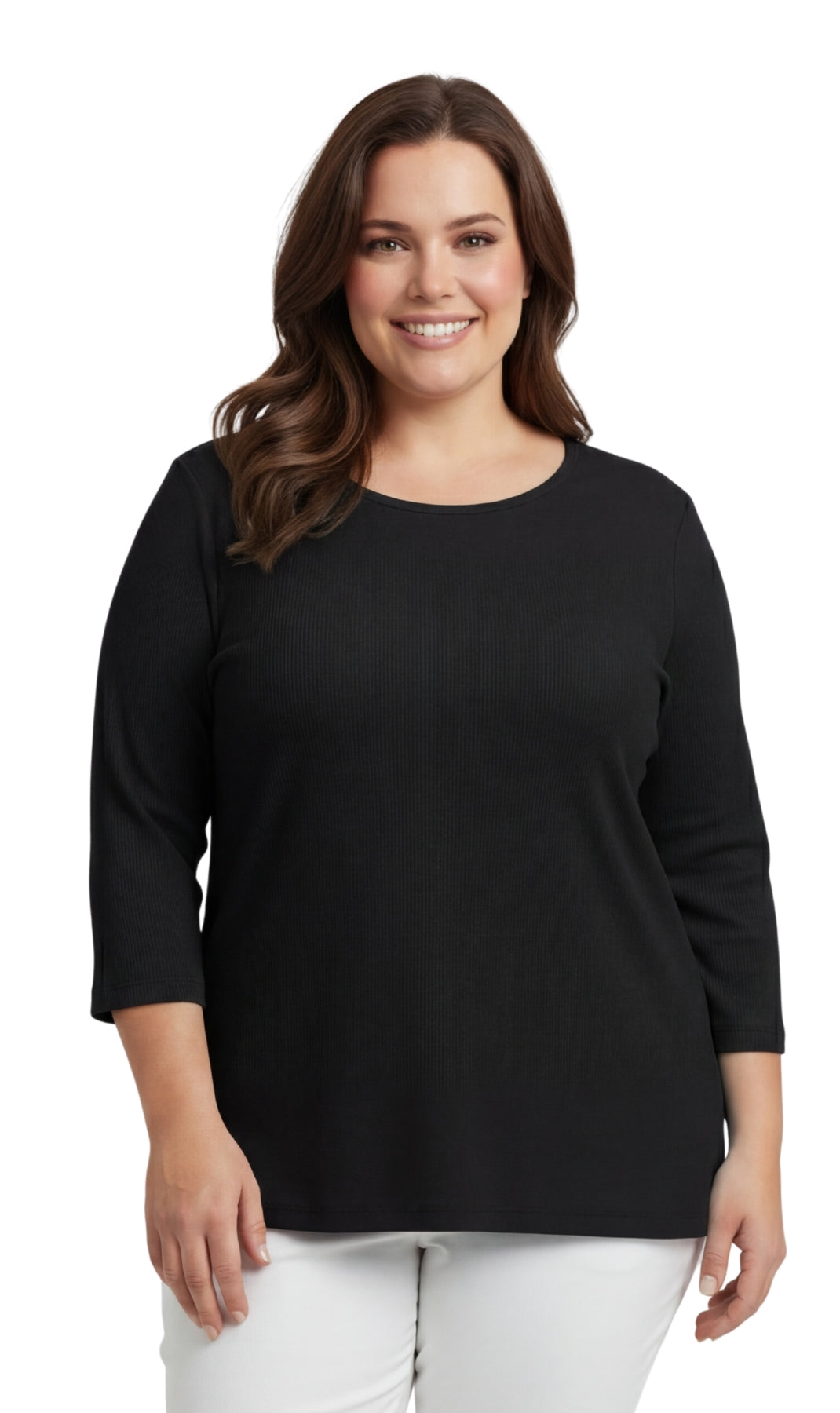 Turtle Bay New York Women's Ribbed 3/4 Sleeve Crew Neck Cotton Top black front
