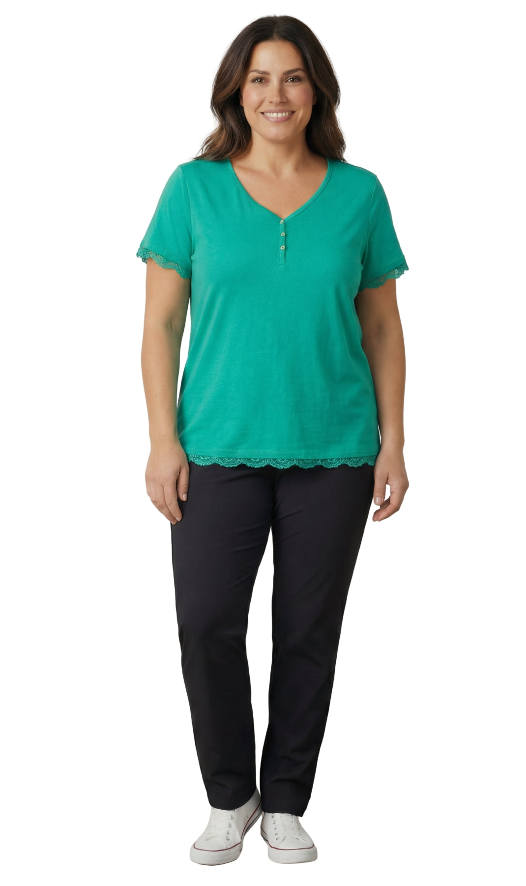 Women's V-neck Short Sleeve Tshirt with A Three Button Placket 18