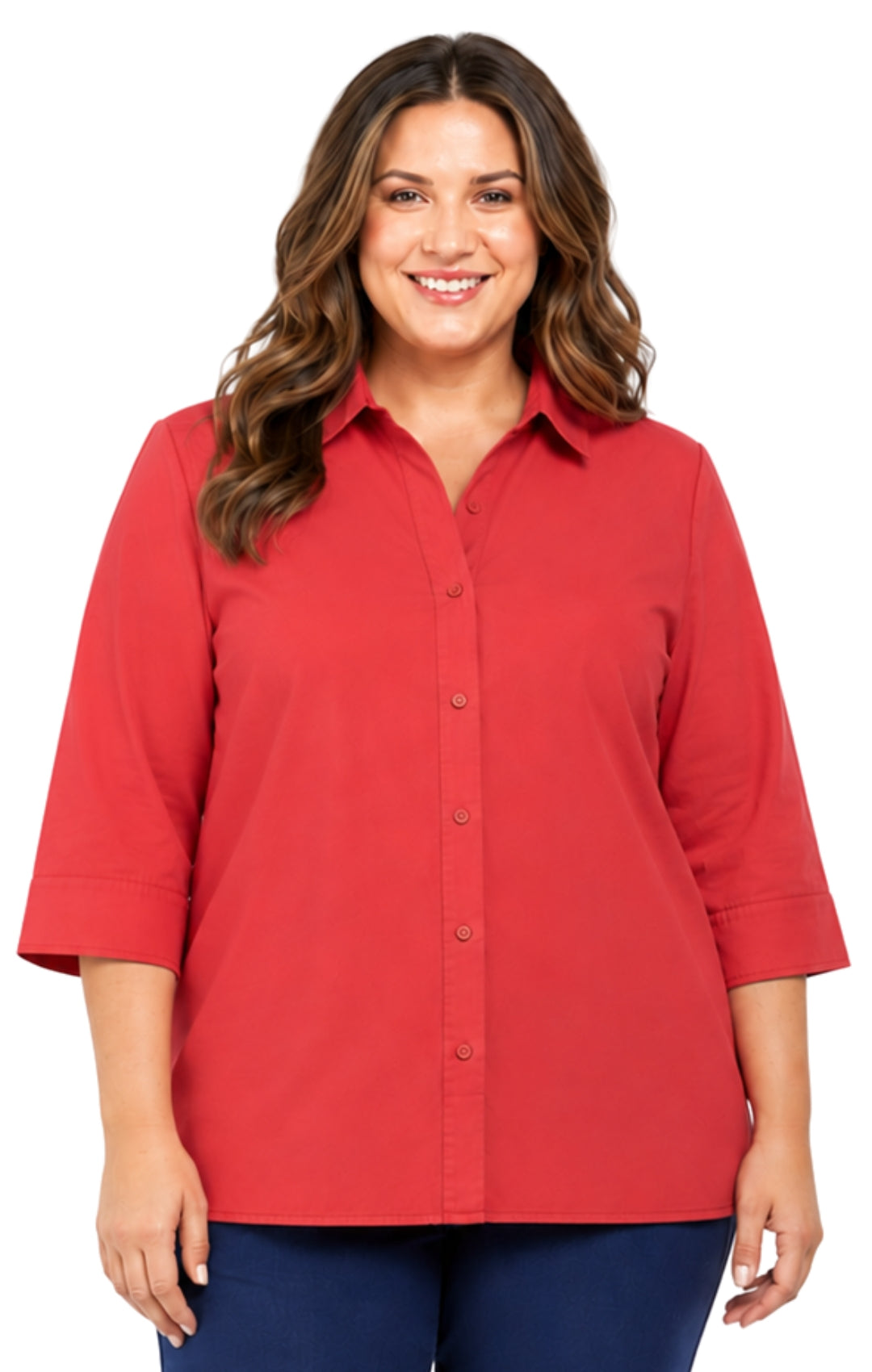 Woman wearing a red shirt on a white background