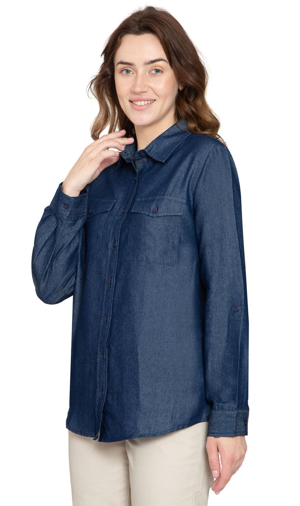 Women's Classic Denim Shirt - Crisp and Tailored for the Urban Cowgirl - DARK WASH - Front - TURTLE BAY APPAREL
