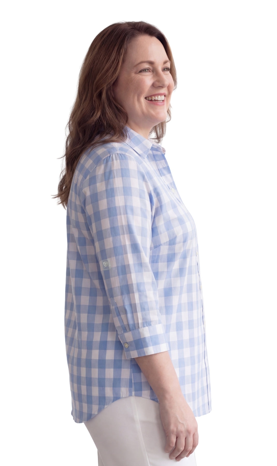 Women's Button-Down Shirt in White and Blue Gingham Pattern and White Buttons with Chest Pockets 3