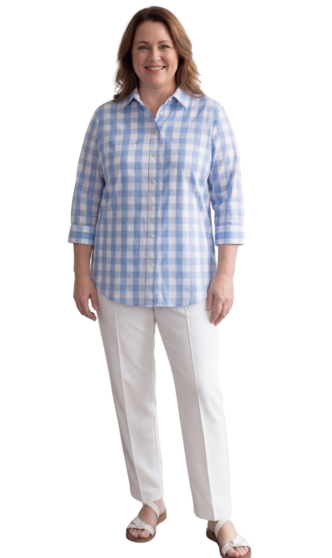 Women's Button-Down Shirt in White and Blue Gingham Pattern and White Buttons with Chest Pockets 4