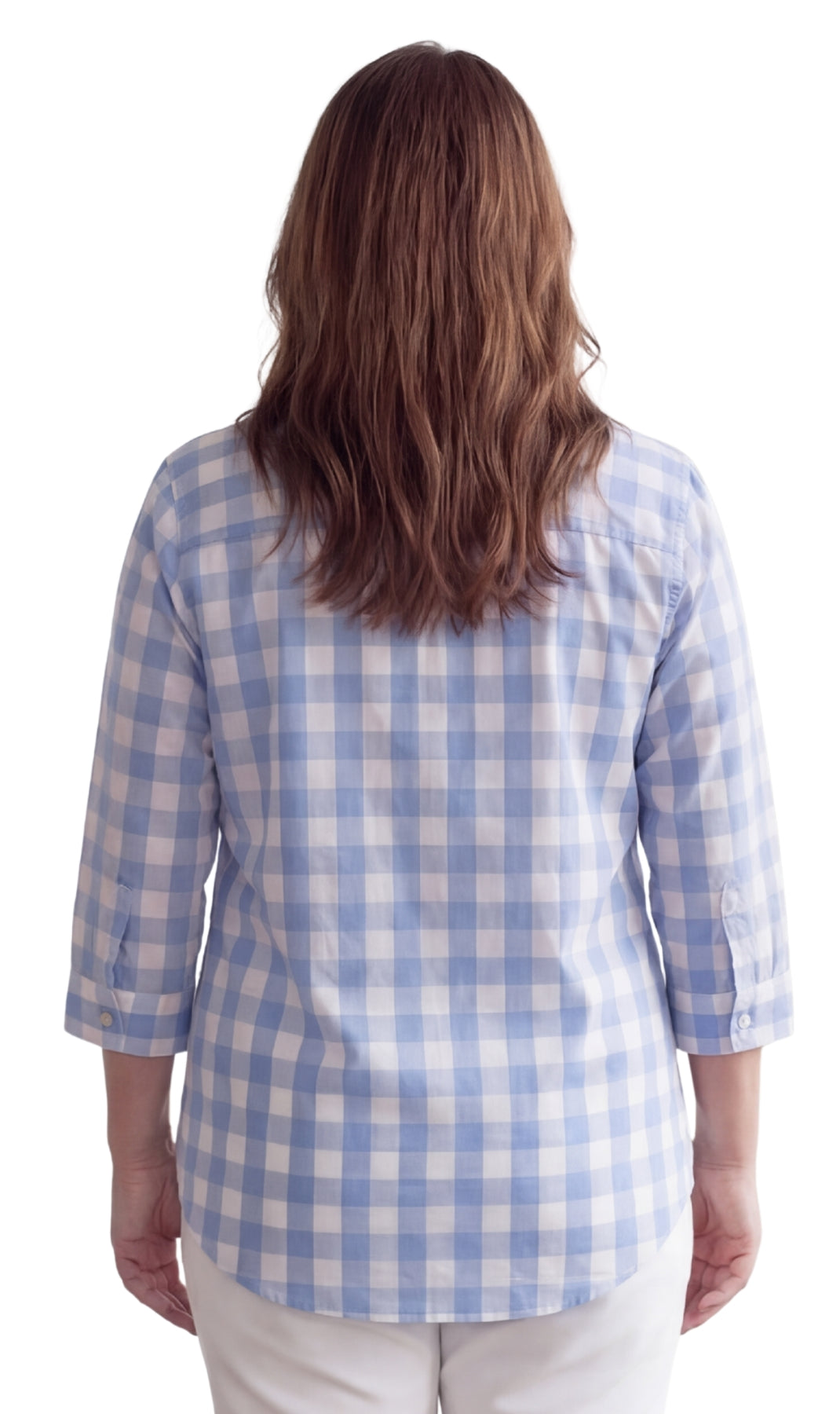 Women's Button-Down Shirt in White and Blue Gingham Pattern and White Buttons with Chest Pockets