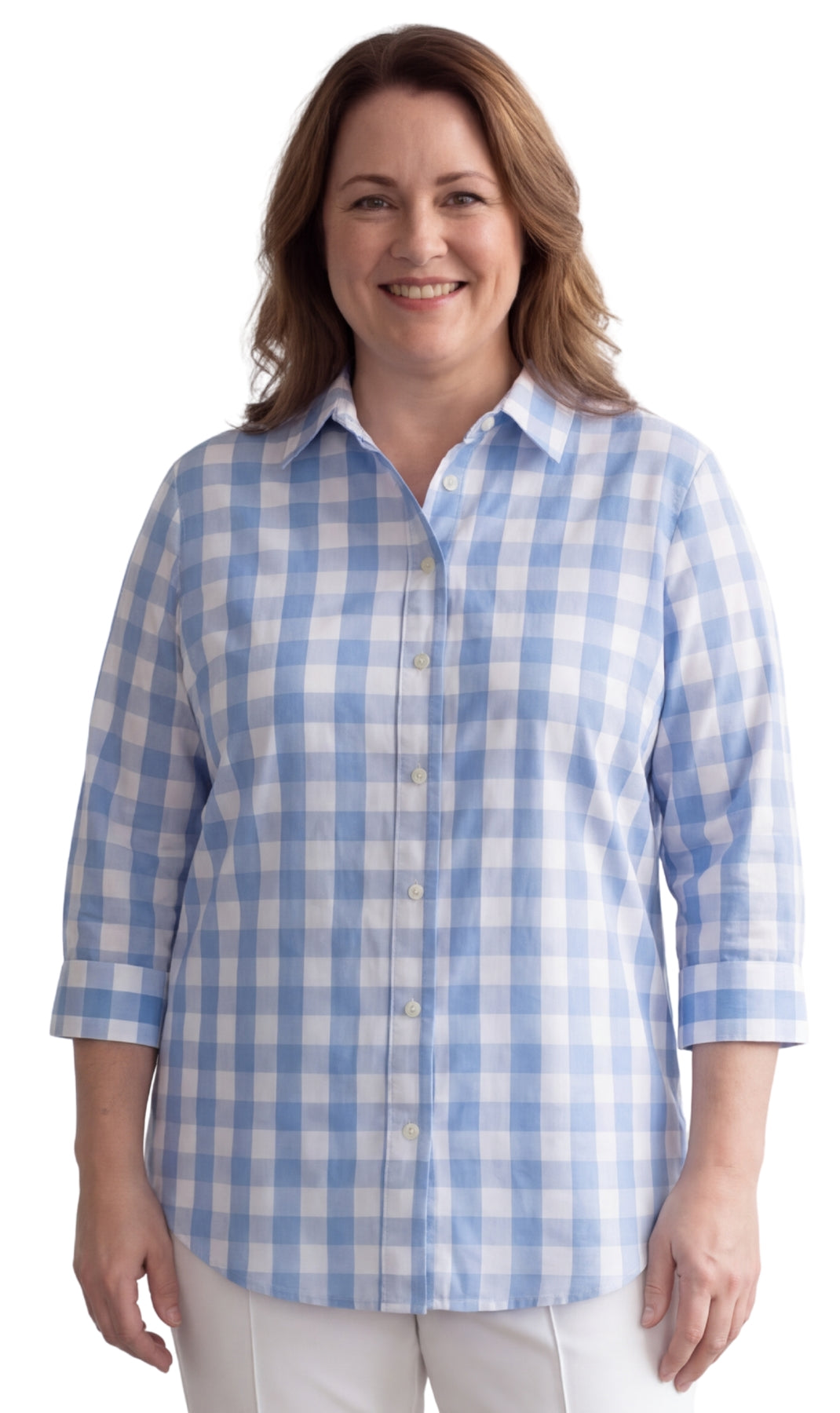 Turtle Bay New York Women's Button-Down Shirt in White and Blue Gingham Pattern with Chest Pockets