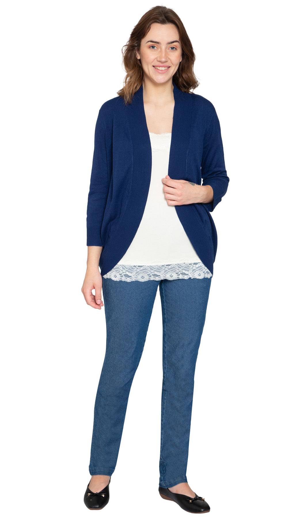 Women's Curved Hem Cardigan - Open Front Sweater in a Timeless Style - Navy - Full - TURTLE BAY APPAREL