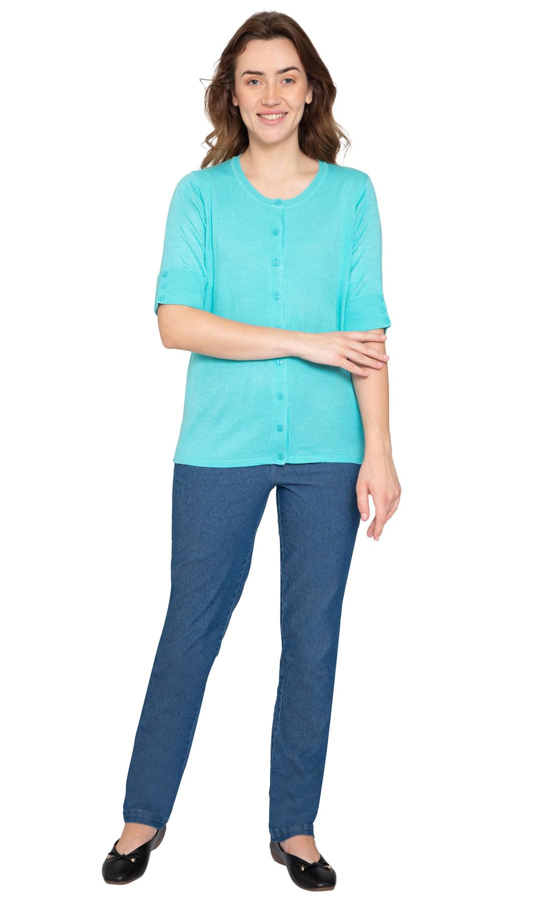 Women's Button Front Cardigan - Unique Elbow Cuff Adds Fifties Flair Bright Blue - Full - TURTLE BAY APPAREL