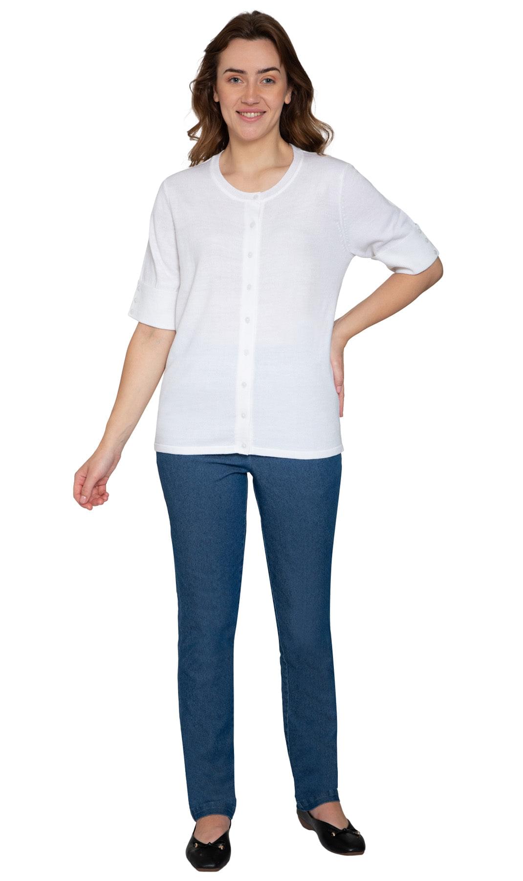 Women's Button Front Cardigan - Unique Elbow Cuff Adds Fifties Flair White - Full - TURTLE BAY APPAREL