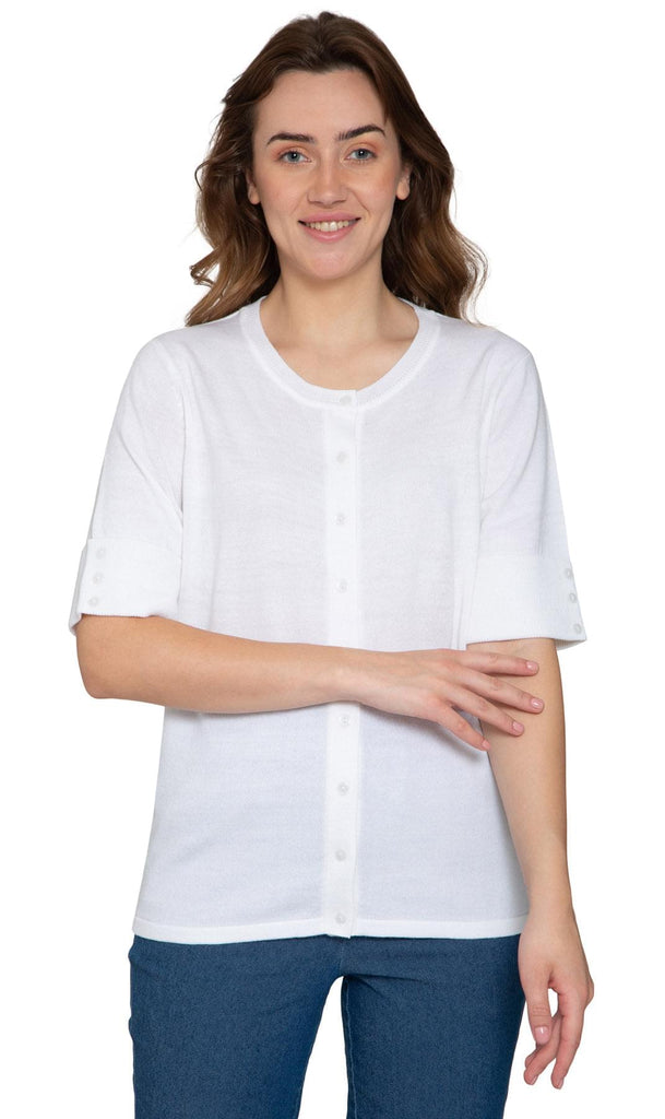 Women's Button Front Cardigan - Unique Elbow Cuff Adds Fifties Flair White - Front - TURTLE BAY APPAREL