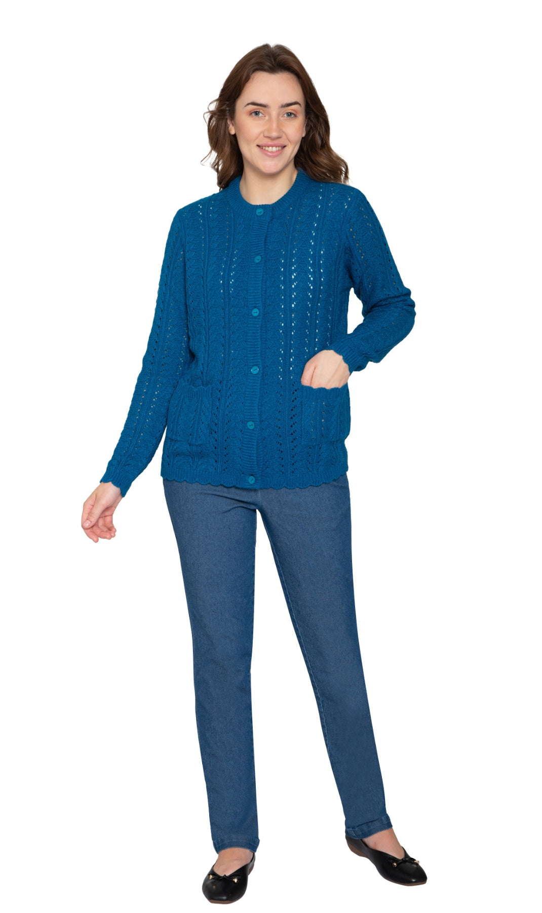 Women's Button Front Crochet Pointelle Cardigan with Pockets 11