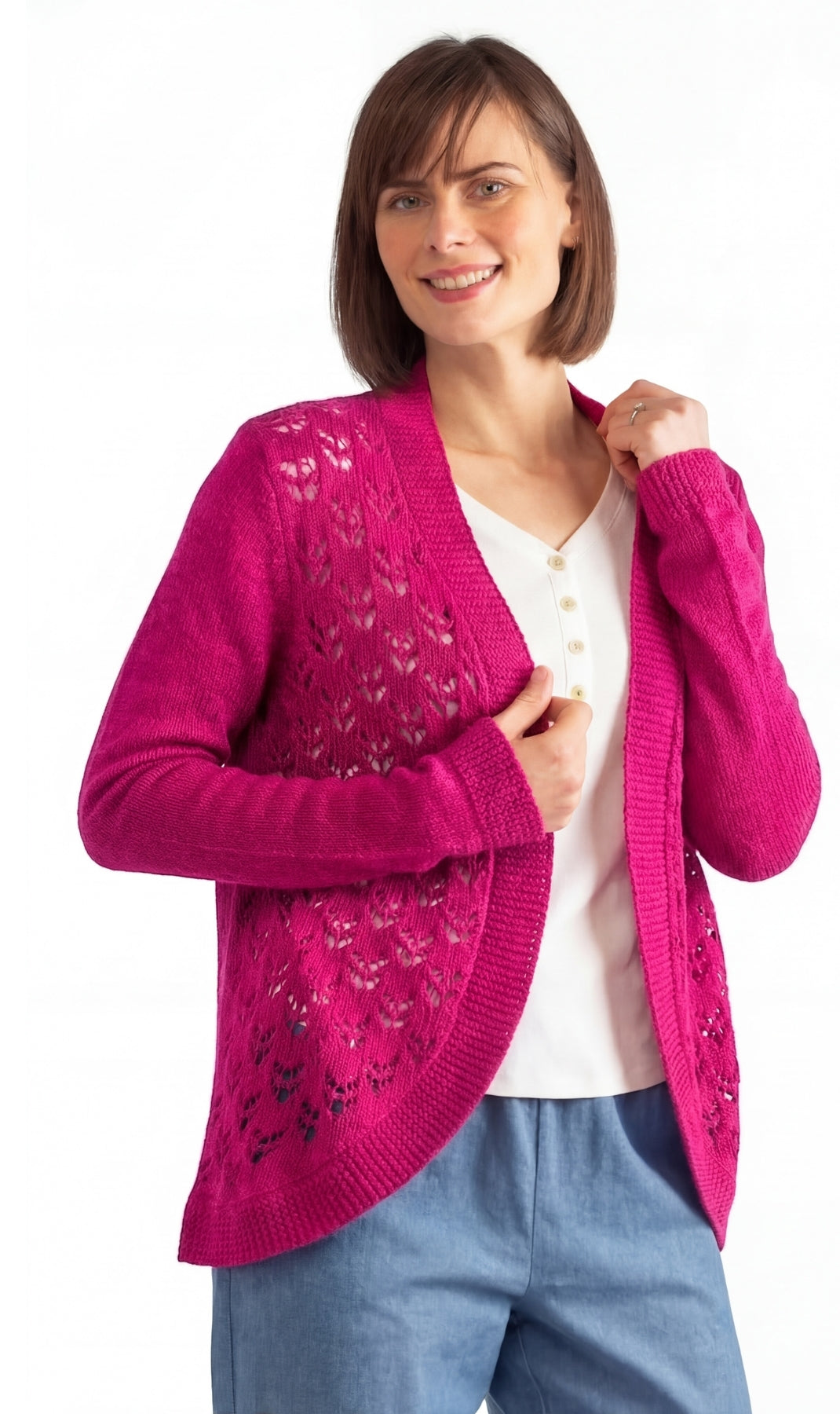 Women's Open Front Curved Hem Pointelle Shrug in Soft Acrylic