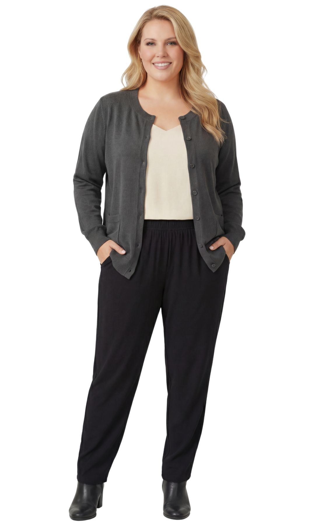 Turtle Bay New York Women's Soft Cotton Button-Up Cardigan Crewneck Sweater Long Sleeves with Front Pockets black full