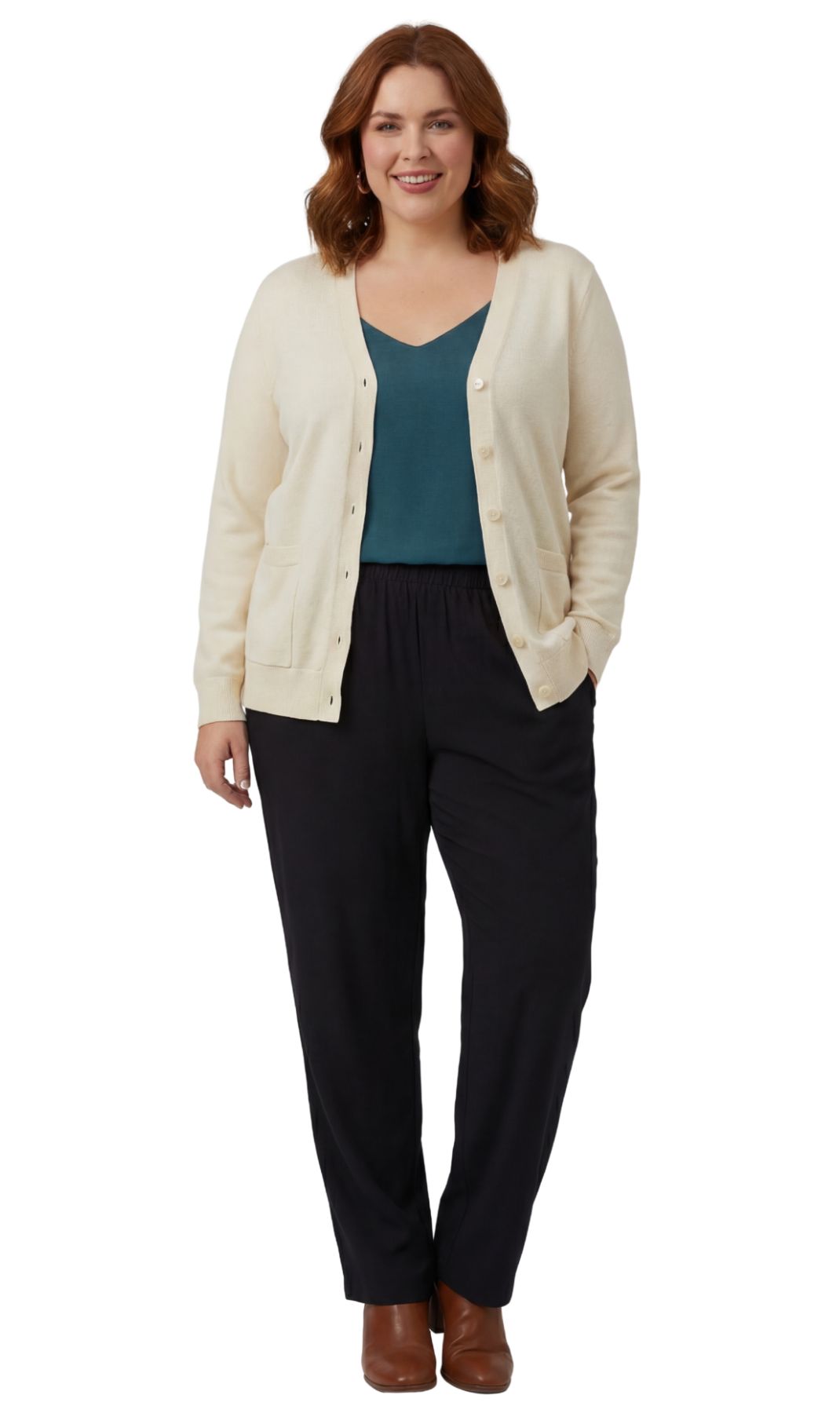 Turtle Bay New York Women's Soft Cotton Button-Up Cardigan Crewneck Sweater Long Sleeves with Front Pockets ivory full