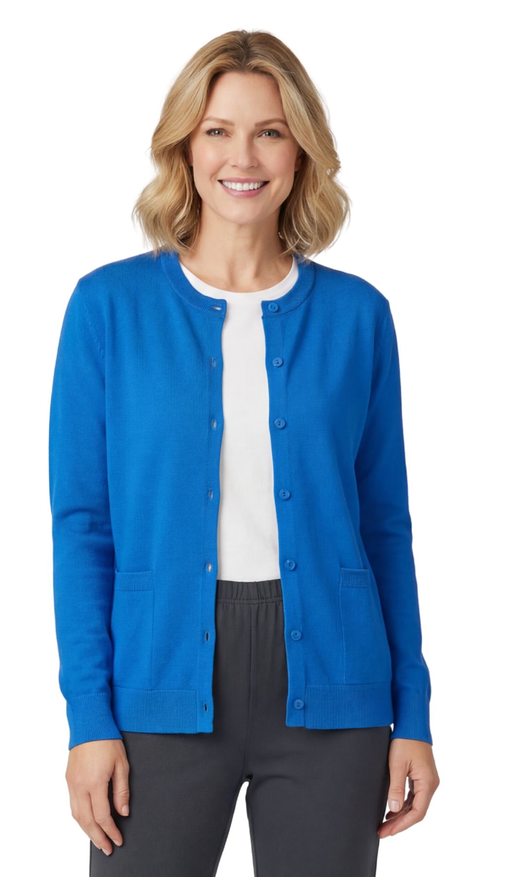 Turtle Bay New York Women's Soft Cotton Button-Up Cardigan Crewneck Sweater Long Sleeves with Front Pockets royal front