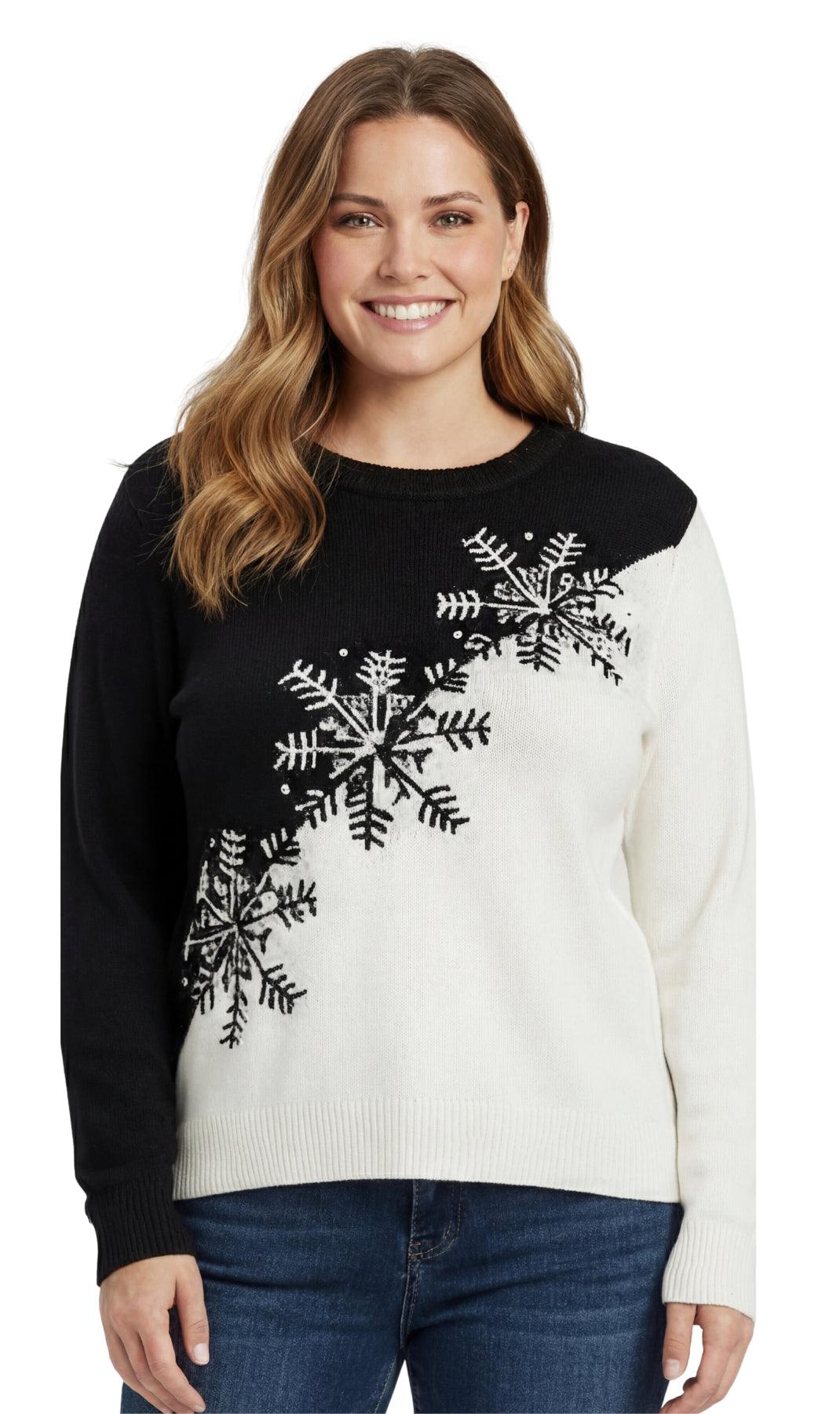 Women’s Cozy Long Sleeves Snowflake-Decorated Color Block Holiday Crewneck Sweater - Classy Christmas Pullover in 100% Soft Durable Acrylic 4