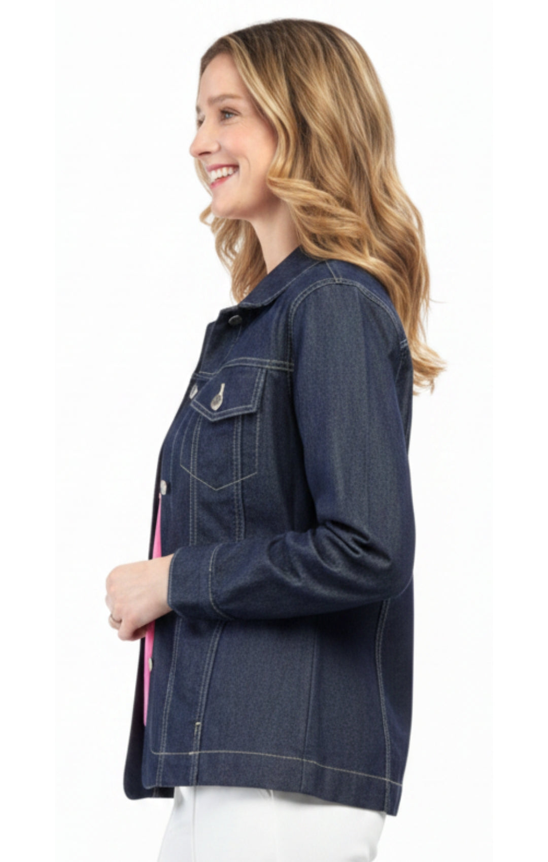 Turtle Bay Apparel Women's Button Front Classic Denim Jacket with front pocket – Indigo Side View