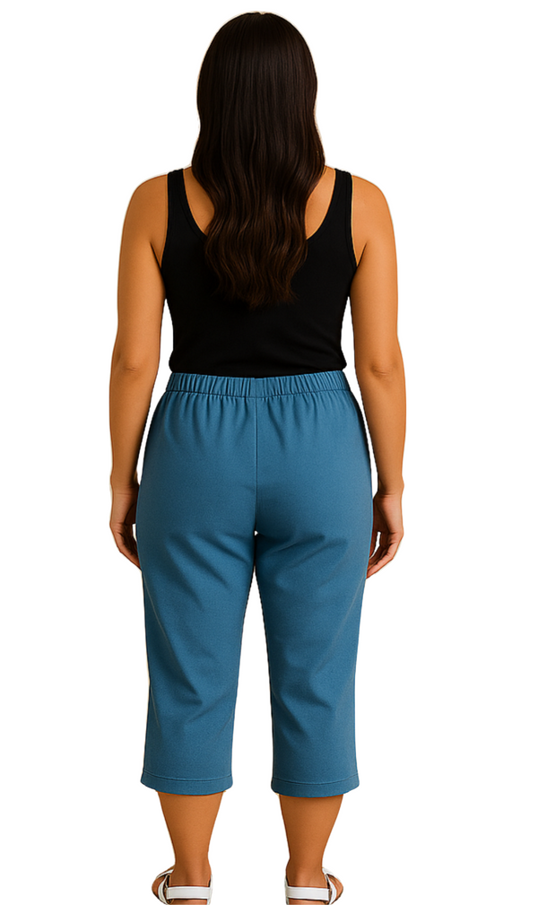 Women's Elastic Waist Pull On Stretch Denim & Twill Capri with side pockets