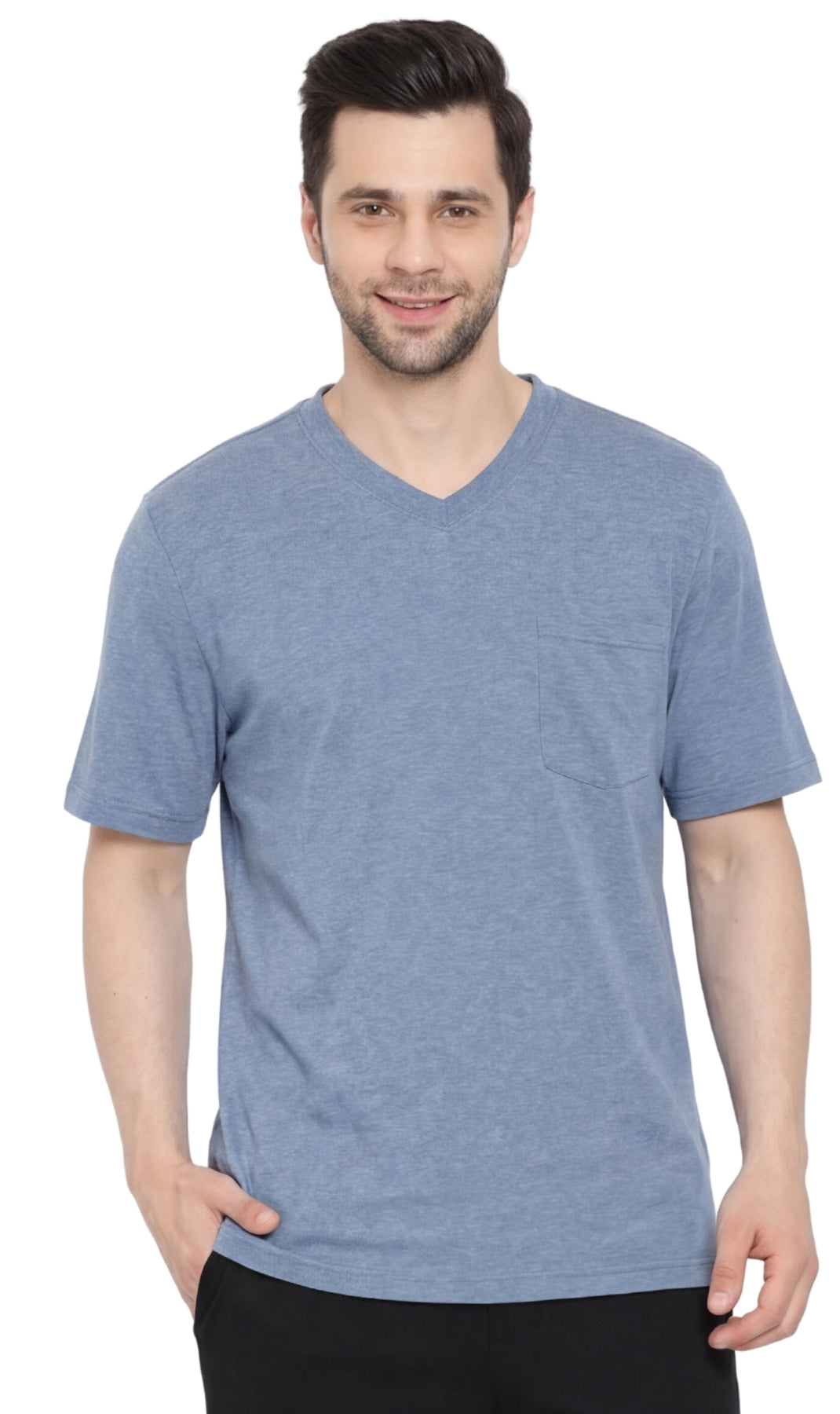 Turtle Bay New York Men's Heavyweight Short Sleeve V-Neck T-Shirt – Relaxed Fit Cotton Blend with Pocket blue front