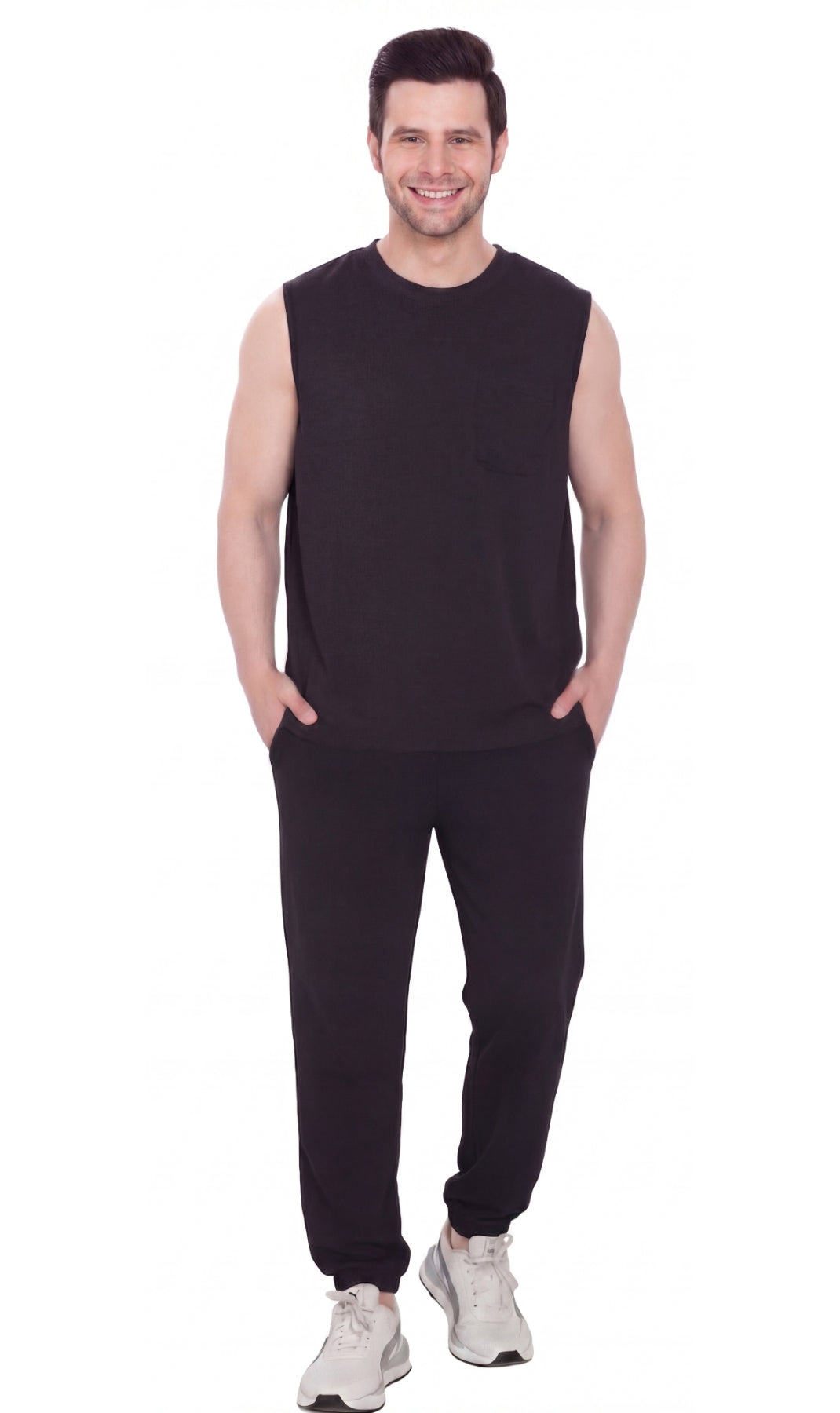 Turtle Bay Apparel Men's Sleeveless Crew Neck T-Shirt – Black Full Length View