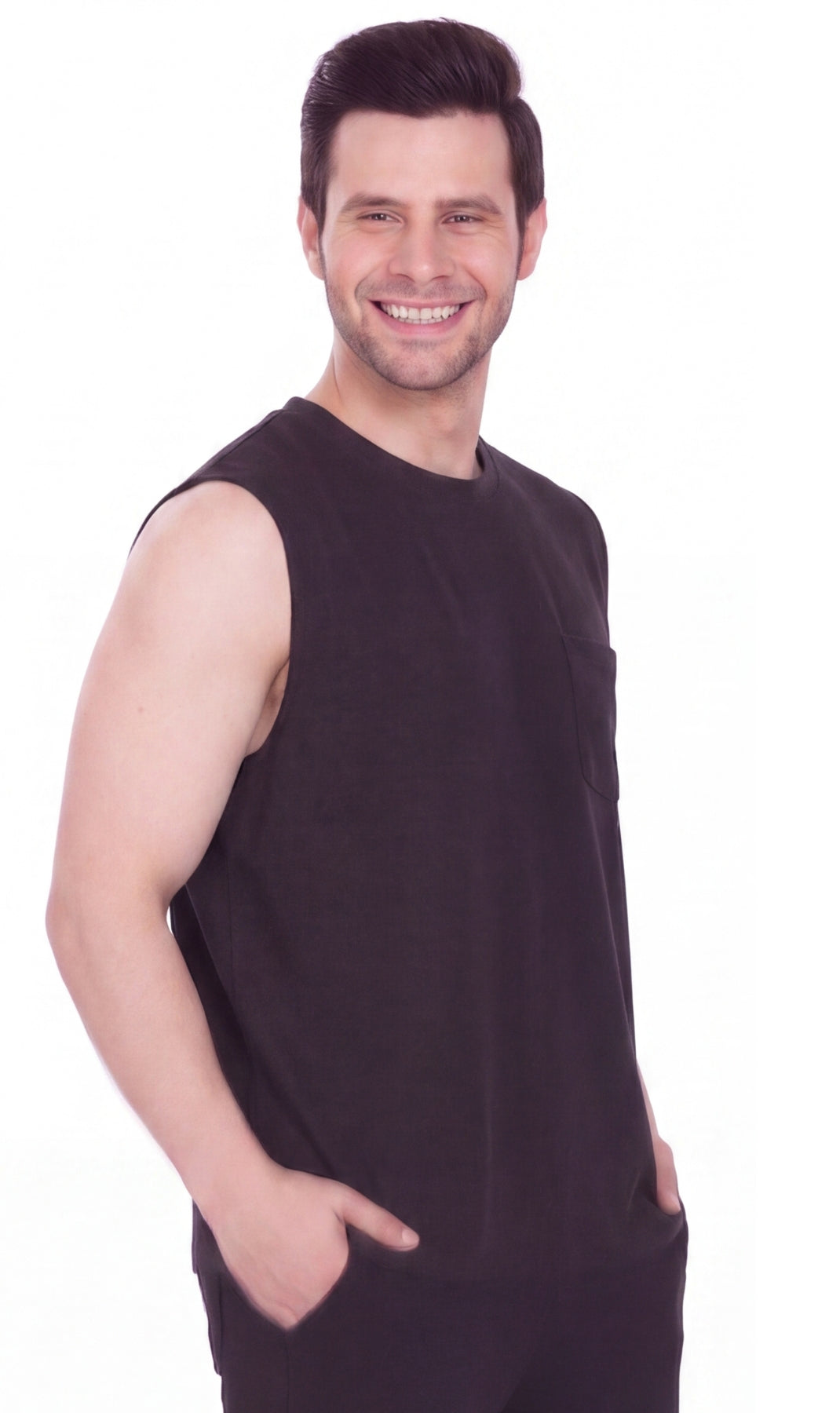 Turtle Bay Apparel Men's Sleeveless Crew Neck T-Shirt – Black Side View