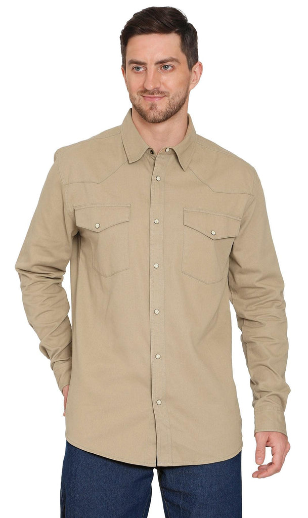 Mens Western Snap Front Shirt - Khaki - Front - TURTLE BAY APPAREL