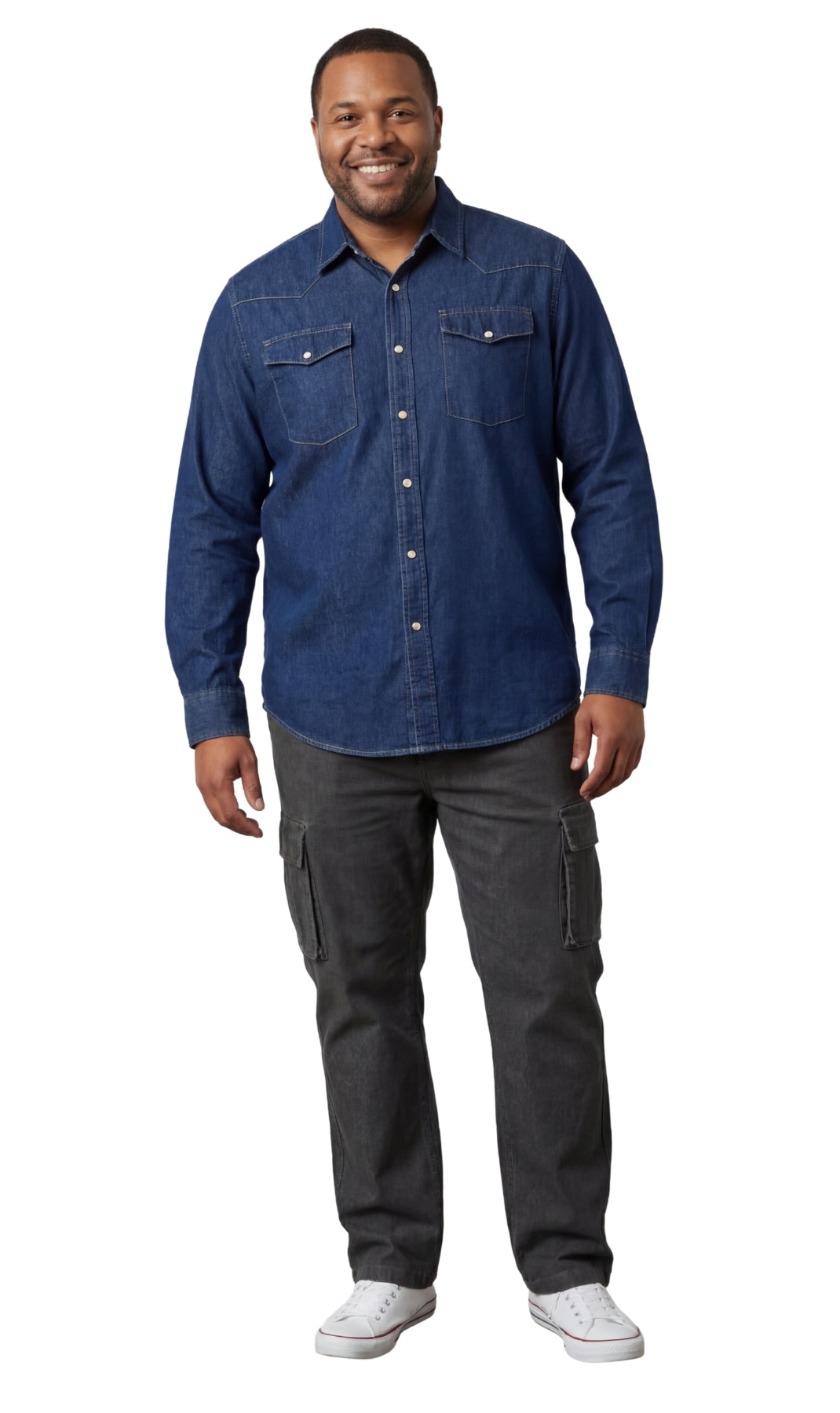 Turtle Bay Apparel Mens Western Snap Front Button Shirt in Denim and Twill with a Stitched Yoke and Chest Pockets – Med Blue Full Length View