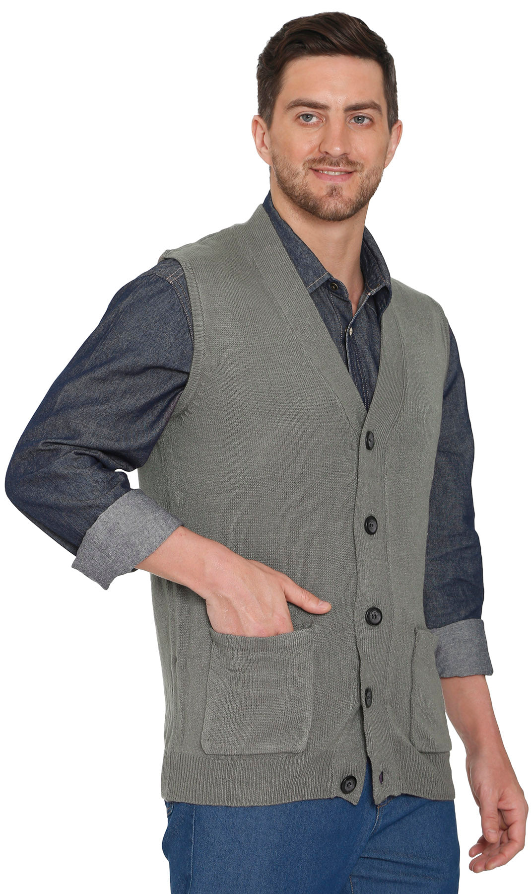 Men's Cashmere-Like Button Front Flat Knit Sweater Vest with front patch pockets 4