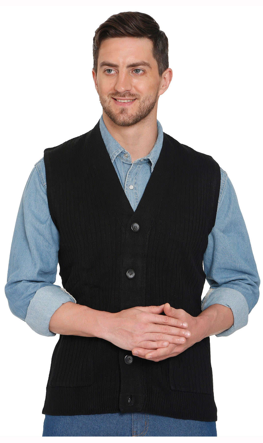 Men's Cashmere-Like Button Front Flat Knit Sweater Vest with front patch pockets 29