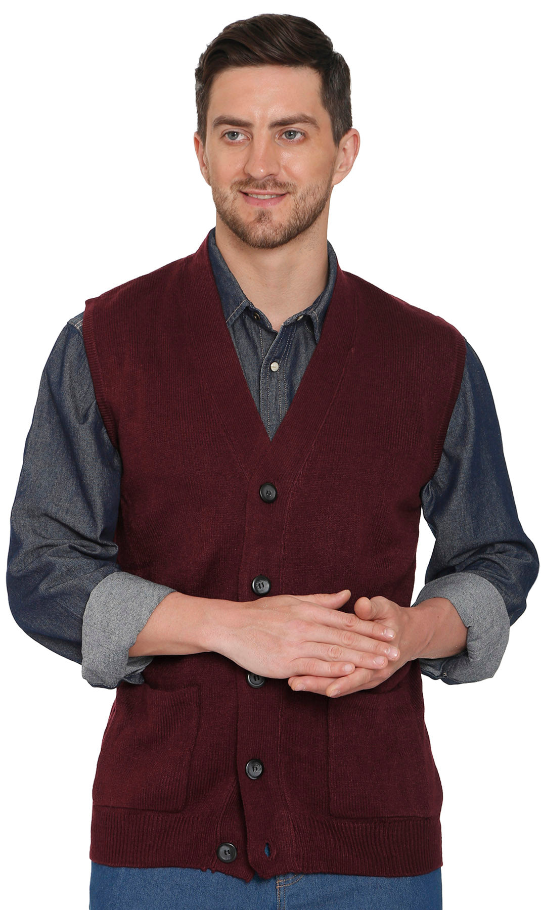 Men's Cashmere-Like Button Front Flat Knit Sweater Vest with front patch pockets 16