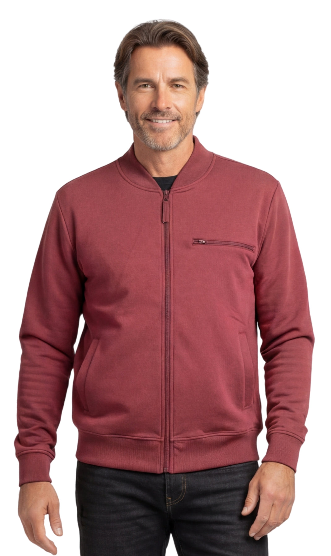 Turtle Bay New York Men's Classic Zip-Up Baseball Fleece Jacket in Lightweight Cotton Blend Fabric with Sporty Edge Burgundy front